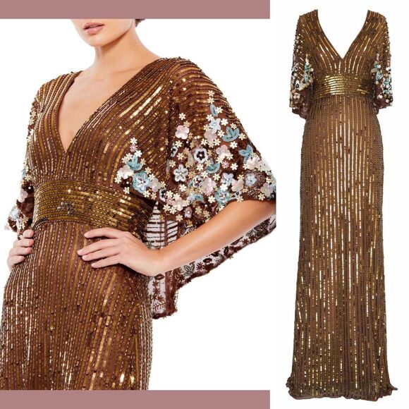 NWT Mac Duggal [‎ 10 ] 5221 Sequined V Floral Embellished Cape Sleeve Gown Brown - Picture 2 of 16